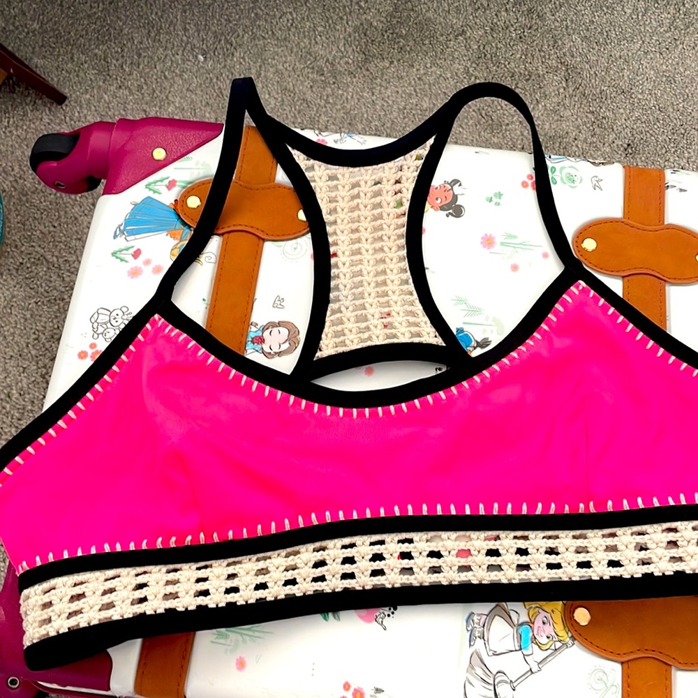 Victorias Secret pink peach black crochet racer back bikini swimsuit top large